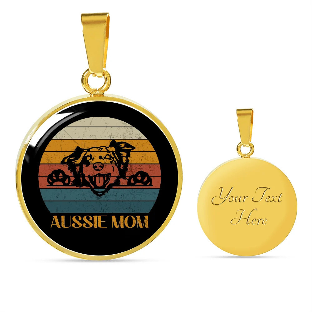 Aussie Dog Mom Personalized Engraved Gold Circle Necklace Custom Name Date Gift